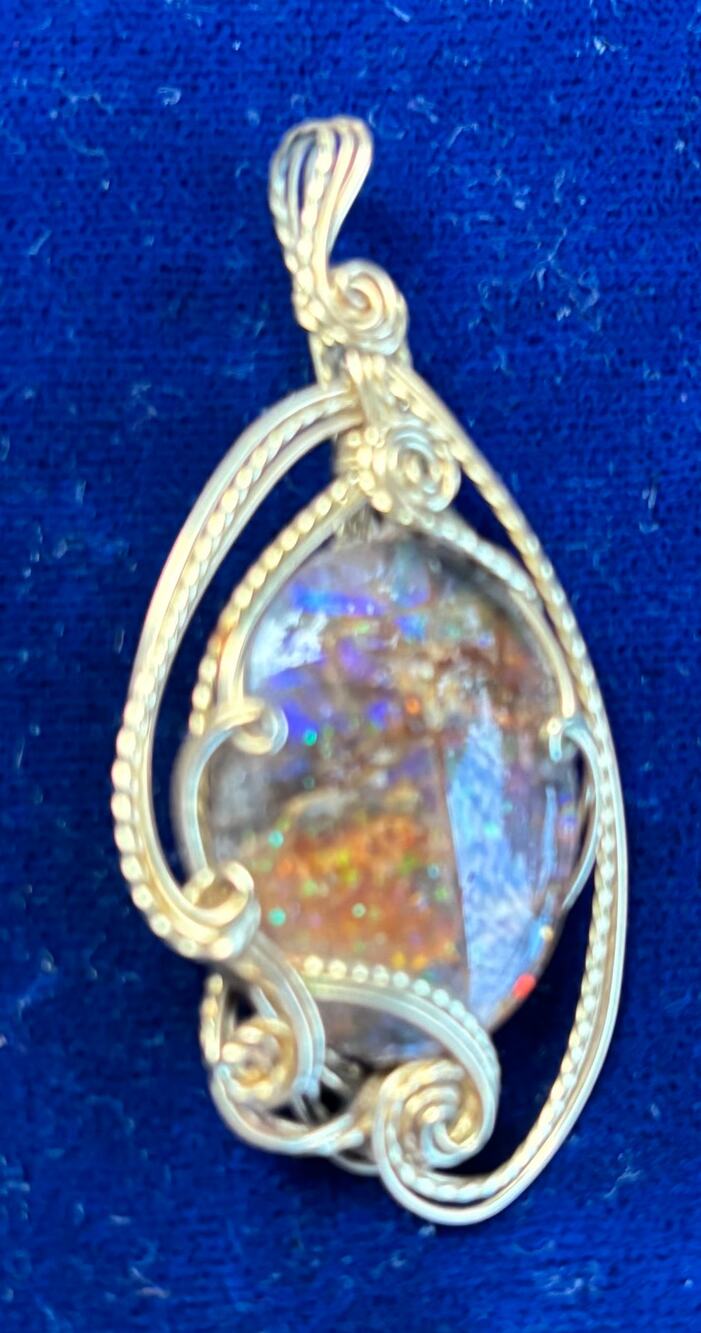 Opal Artisian Custom Made Gold Wire Wrapped Pendant 2 x 1 New Fiery Fire